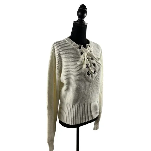 Olivia Warren Lace-Up Cream Knit Sweater With Oversized Eyelets & Ties Large - Picture 4 of 11
